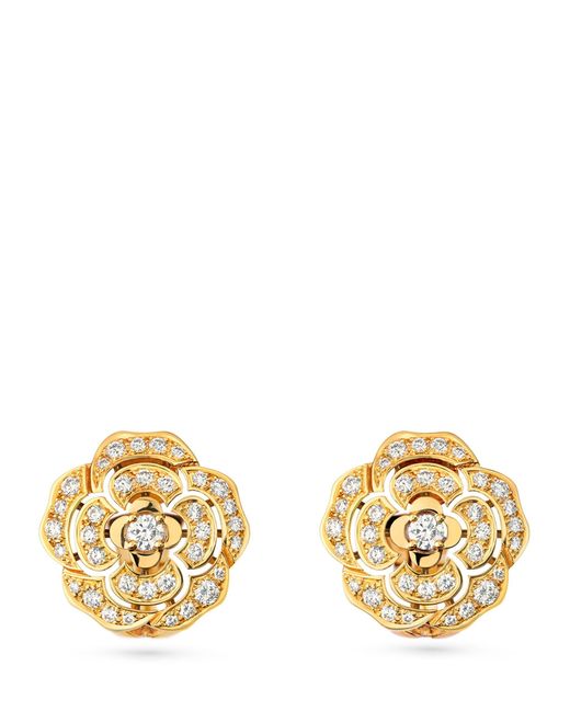 Chanel Metallic Yellow Gold And Diamond Camélia Earrings