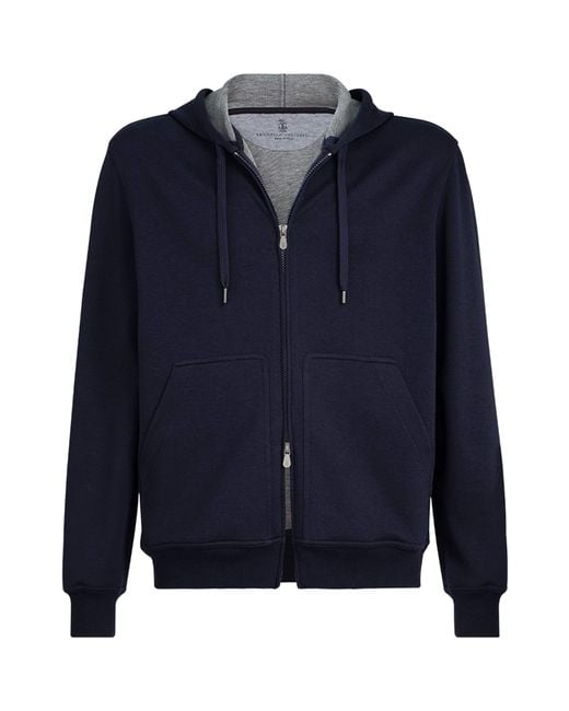 Brunello Cucinelli Blue French Terry Zip-Up Hoodie for men