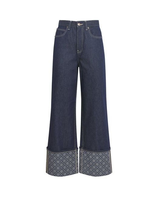 Tory Burch Blue Contrast-Cuff Straight Jeans