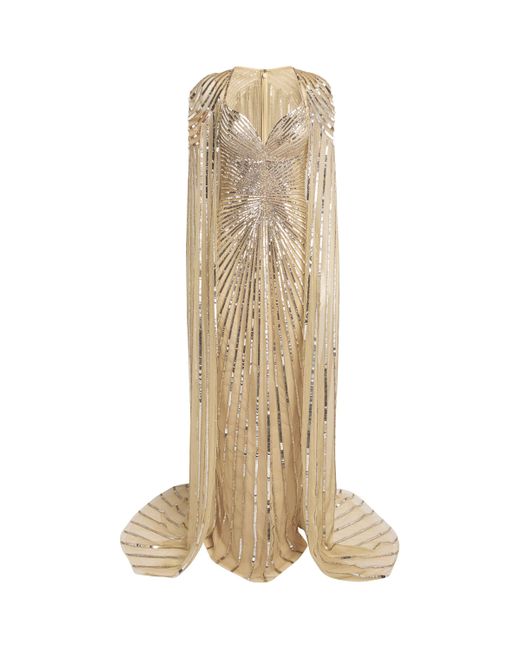 Pamella Roland Natural Tulle Embroidered Cape Gown