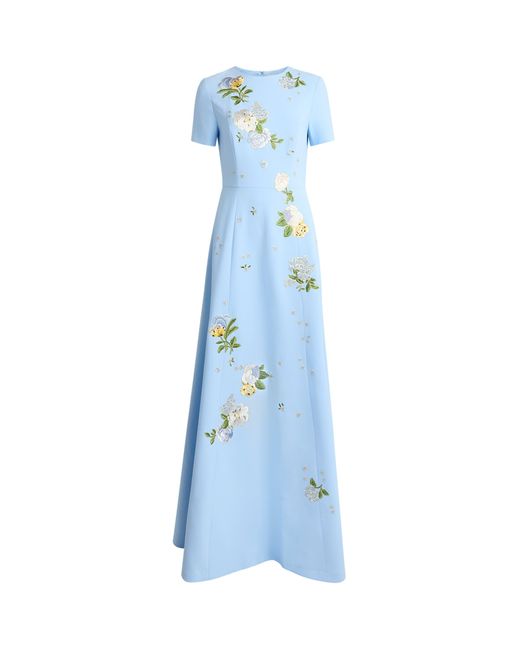 Carolina Herrera Blue Crepe Floral Embroidered Gown