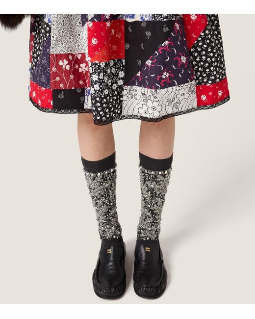 Miu Miu Red Poplin Printed Midi Skirt