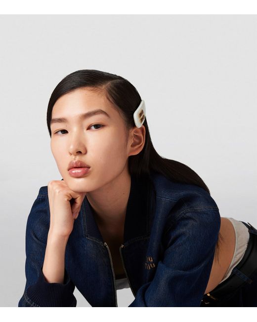 Miu Miu White Leather Logo Hair Clip