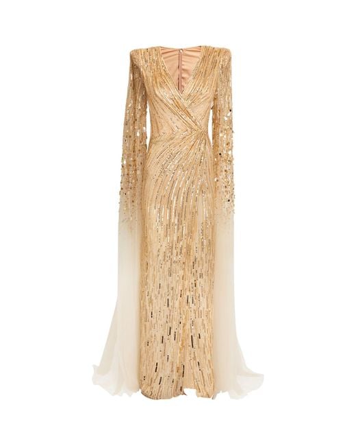 Jenny Packham Natural Exclusive Draped Sleeve V-neck Gown