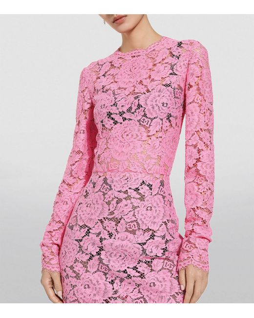 Dolce & Gabbana Pink Lace Floral Midi Dress