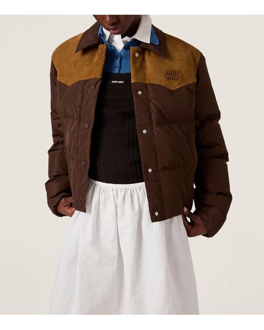 Miu Miu Brown Leather-Trim Down-Filled Jacket