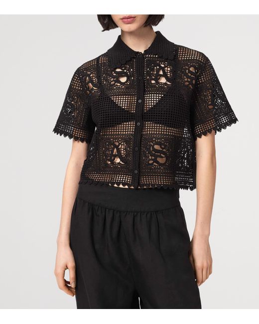 AllSaints Black Crochet Kyra Polo Shirt