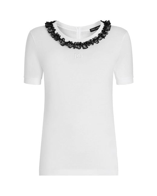 Dolce & Gabbana White Ruffle-Trim Dg Millennials T-Shirt