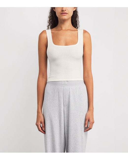 Skims White Cotton Ribbed Cropped Tank Top