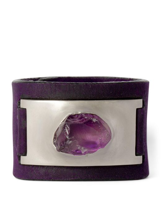 Parts Of 4 Purple Silver-plated Brass And Amethyst Leather Amulet Cuff