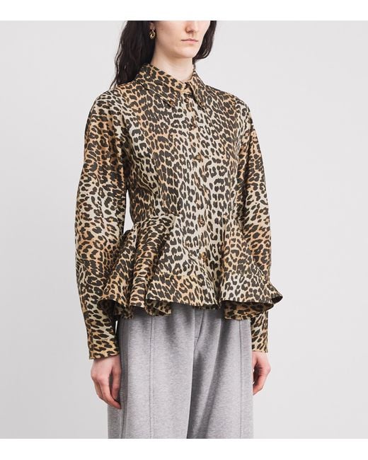 Ganni Brown Organic Cotton Leopard Peplum Shirt