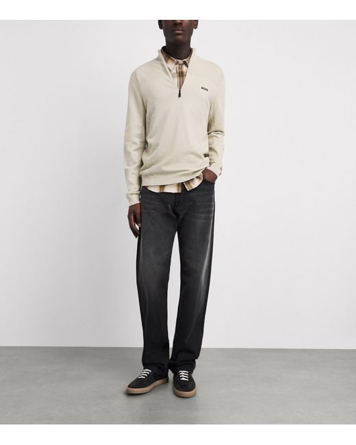 Boss White Ribbed Logo Quarter-Zip Sweater for men