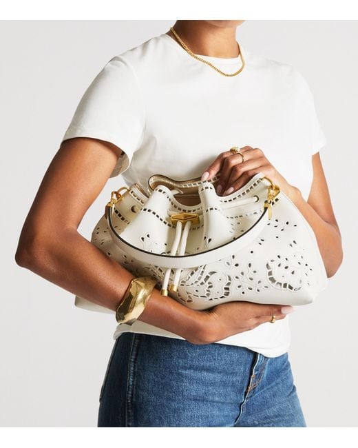 Jimmy Choo White Medium Cinch Cut-Out Leather Bucket Bag