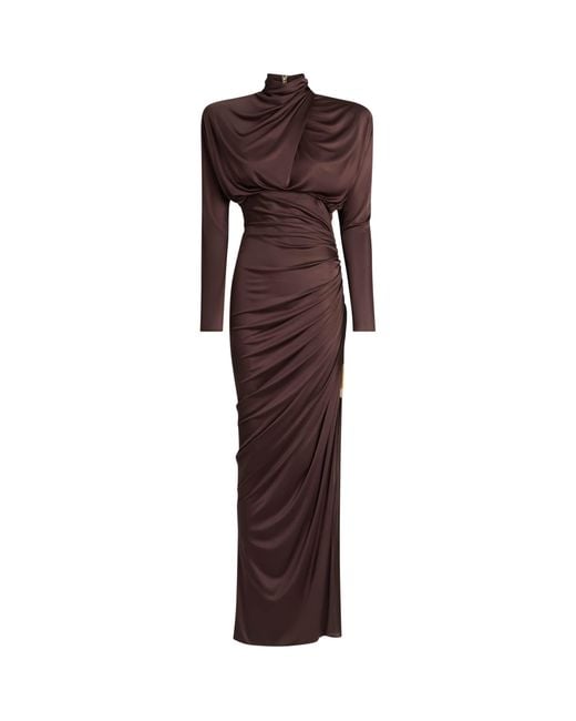 Balmain Brown Draped Long-Sleeve Maxi Dress