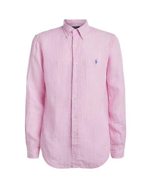 Polo Ralph Lauren Pink Linen Custom-Fit Stripe Shirt for men