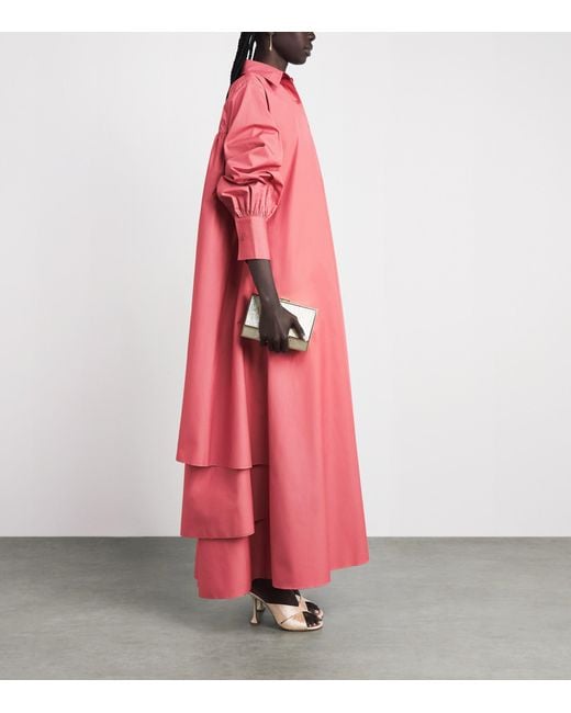 Abadia Pink Cotton Layered Volume Maxi Shirt Dress