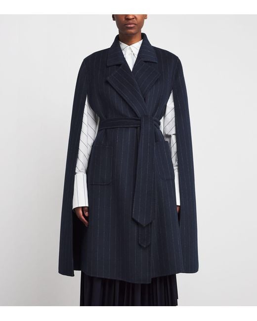 Wolk Morais Blue Cashmere Pinstripe Tie-Waist Cape Coat