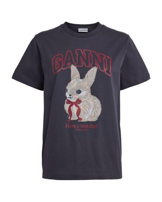 Ganni Blue Organic Cotton Bunny T-Shirt