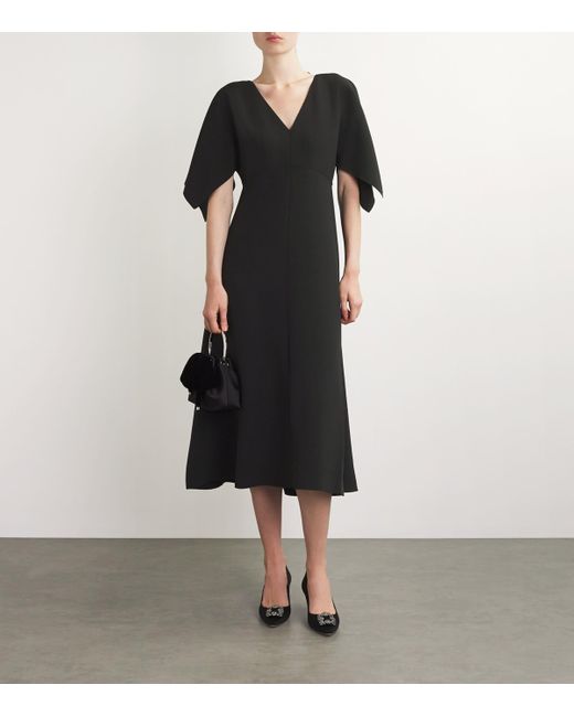 St. John Black Flutter-Sleeve Midi Dress