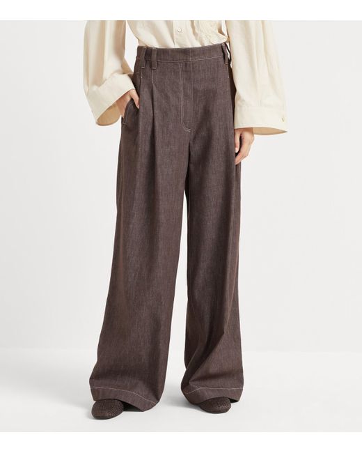 Brunello Cucinelli Brown Denim-Effect Wide-Leg Trousers