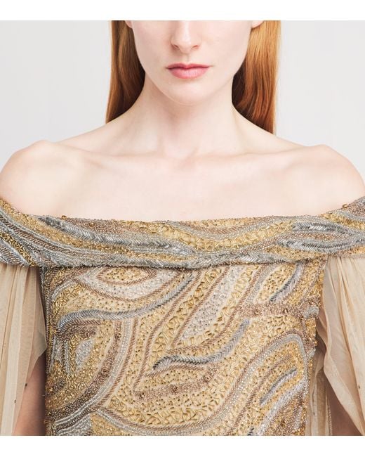 Raishma Natural Tulle Embellished Cape Gown