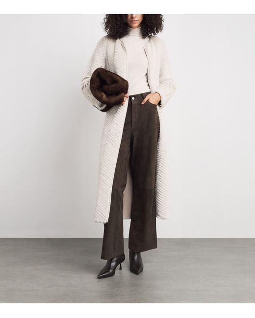 Yves Salomon White Mink-Wool Herringbone Long Coat
