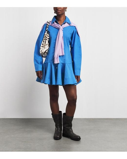 Ganni Blue Stretch-Cotton Mini Shirt Dress