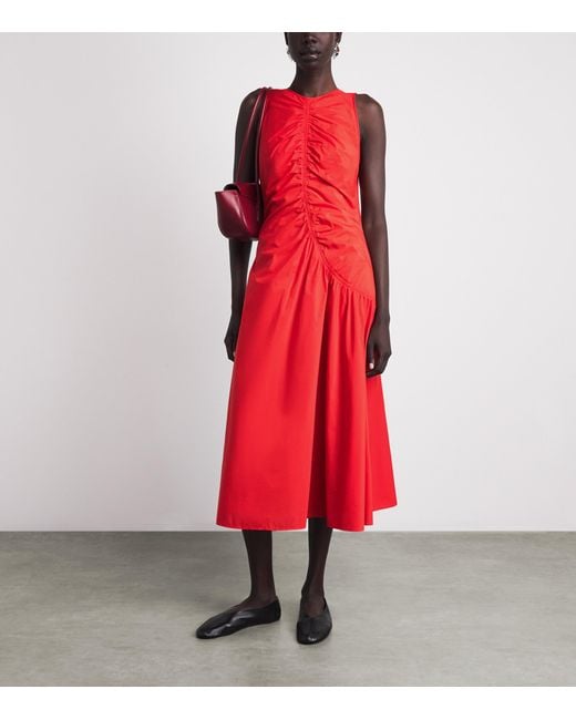 Theory Red Asymmetric Ruched Midi Dress