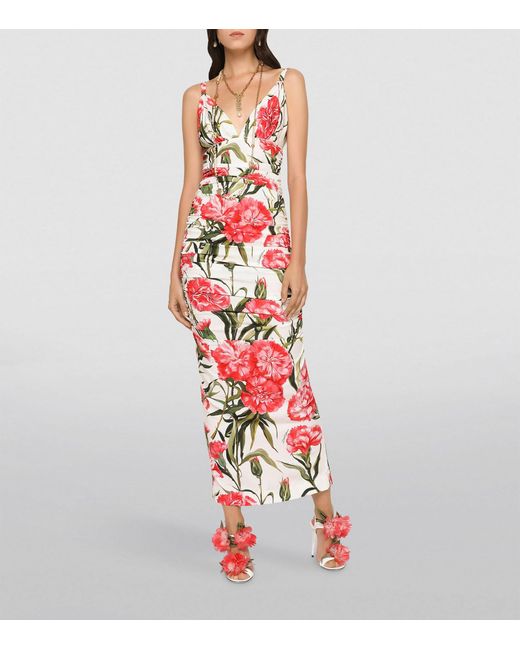 Dolce & Gabbana White Carnation-print Charmeuse Calf-length Dress