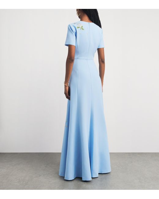 Carolina Herrera Blue Crepe Floral Embroidered Gown