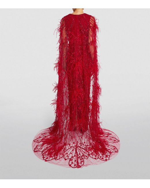 Pamella Roland Red Feather-embellished Cape Gown