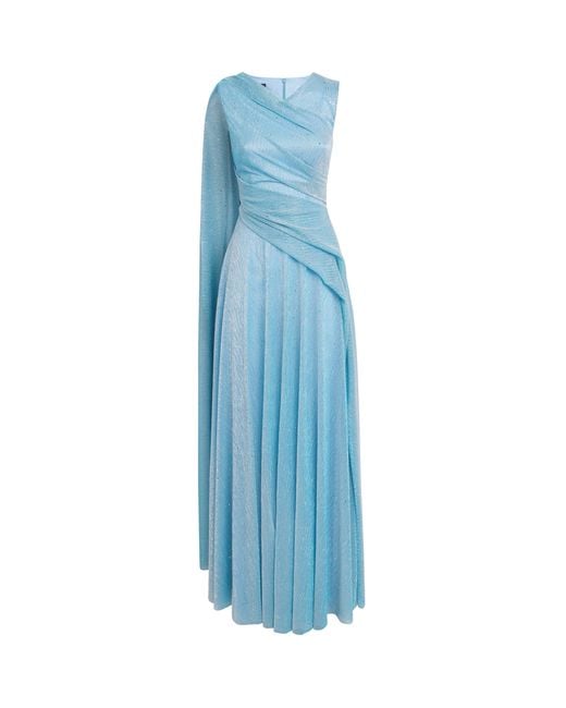 Talbot Runhof Blue Metallic Draped Maxi Dress