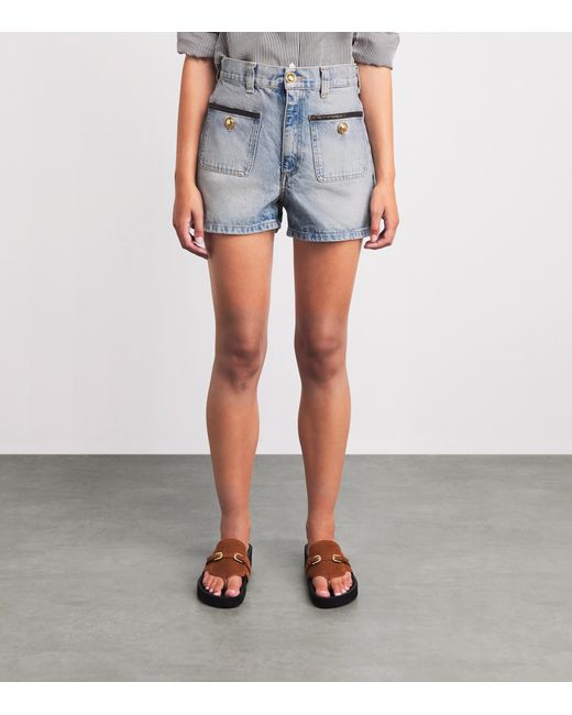 Sandro Blue Leather-Trim Denim Shorts