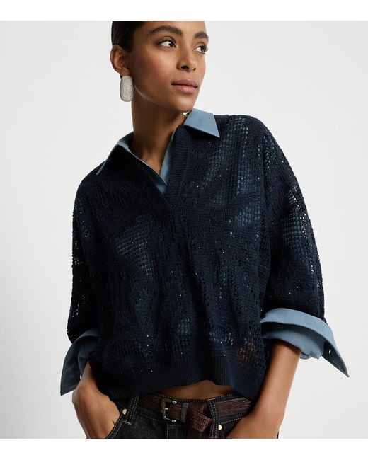 Brunello Cucinelli Blue Linen-Cotton Embellished Polo Sweater