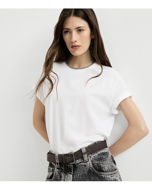 Brunello Cucinelli White Stretch-Cotton Monili-Detail T-Shirt