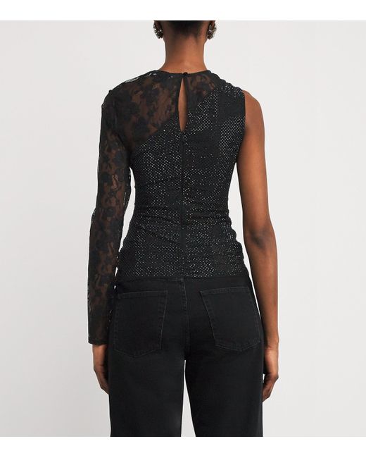 Self-Portrait Black Rhinestone-Lace One-Shoulder Top