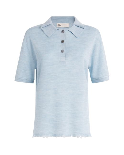 Tory Burch Blue Silk-Blend Distressed Polo Shirt