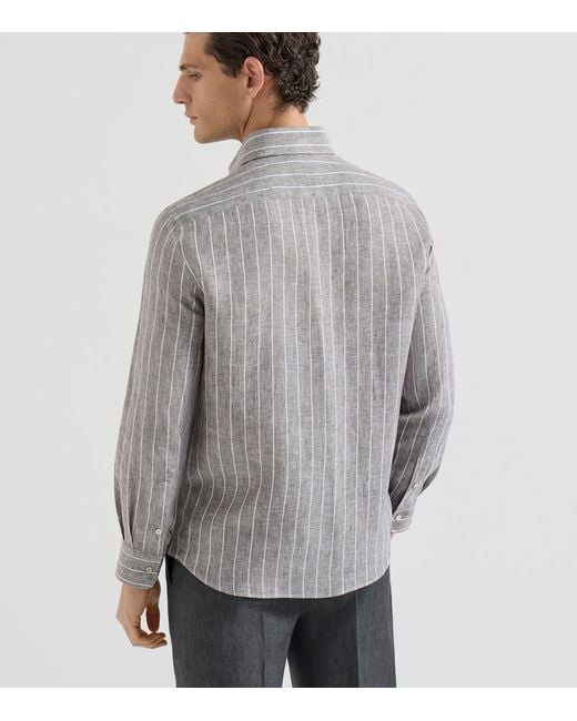 Brunello Cucinelli Gray Linen Chalk Stripe Shirt for men