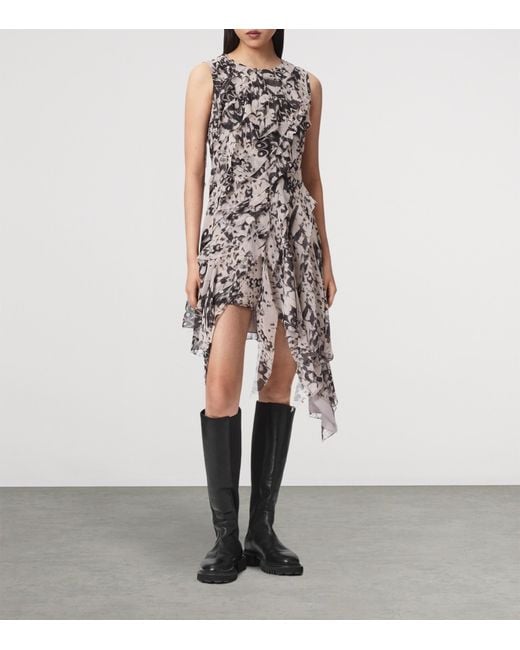 AllSaints White Ruffled Asymmetric Angie Midi Dress
