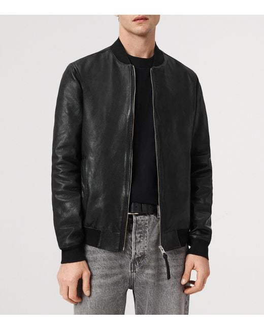 AllSaints Black Leather Morten Bomber Jacket for men