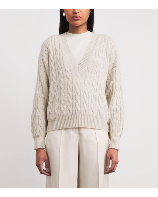 Johnstons White Cashmere Cable-Knit Kylesku Sweater