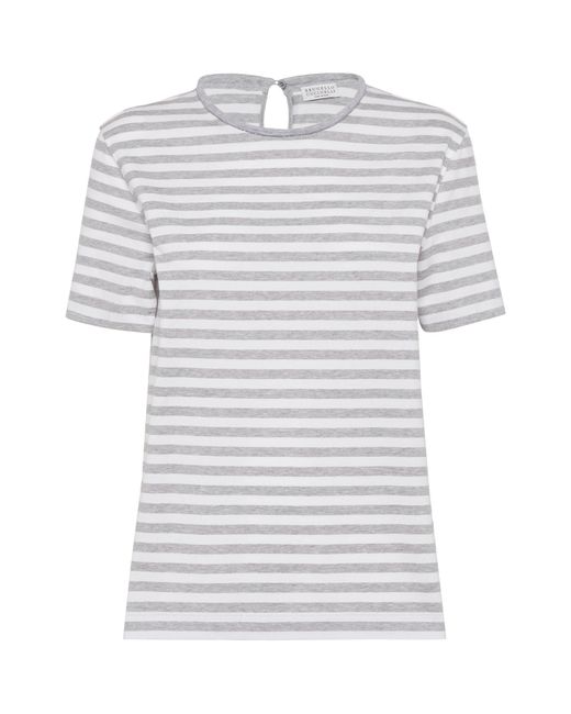Brunello Cucinelli White Cotton Striped Monili T-shirt