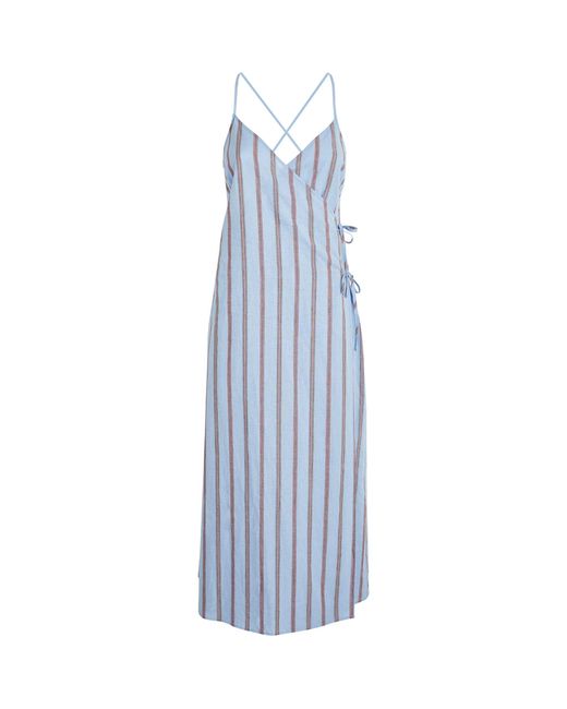 MAX&Co. Blue Linen-cotton Striped Wrap Dress