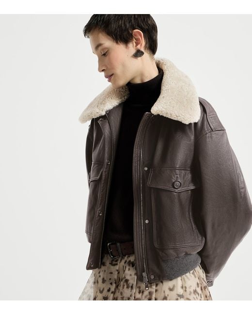 Brunello Cucinelli Brown Nappa Leather Shearling Collar Aviator Jacket