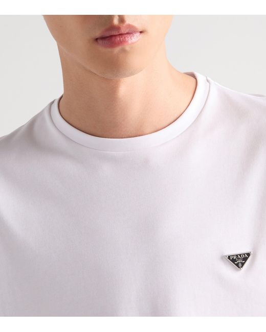 Prada White Triangle-Logo Crewneck T-Shirt for men