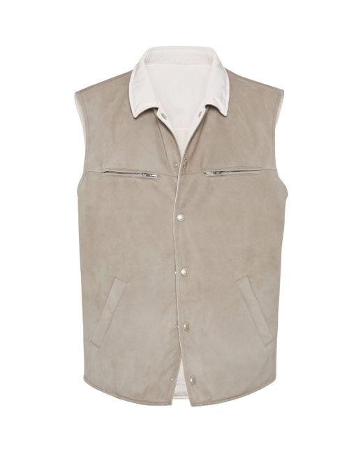 Brunello Cucinelli Brown Leather Reversible Padded Gilet for men