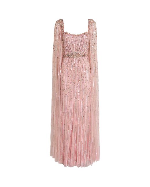 Jenny Packham Pink Exclusive Embellished Cape-Detail Gown