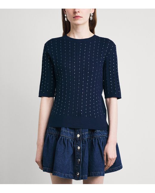 Maje Blue Cotton-Blend Rhinestone Sweater