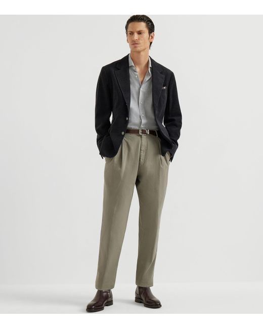 Brunello Cucinelli White Cotton-Blend Chevron Flannel Shirt for men