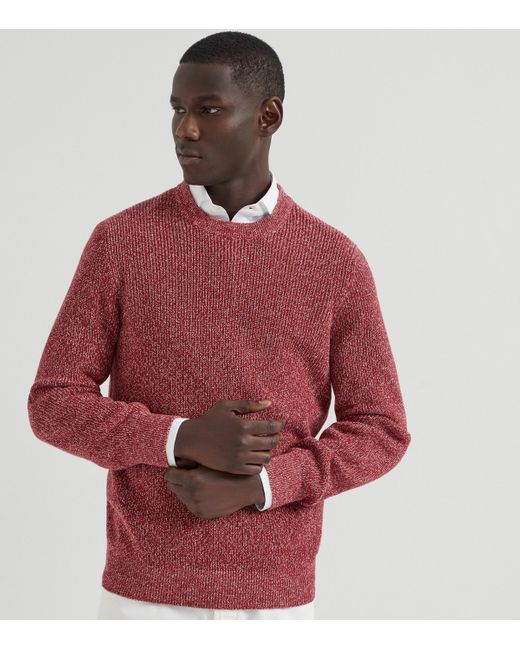 Brunello Cucinelli Red Cotton-Linen English Rib Sweater for men